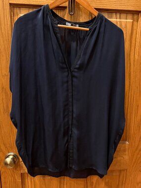 Vince Navy/Black Silk Sleeveless Sheer Button Up Black Tunic Top, SZ L